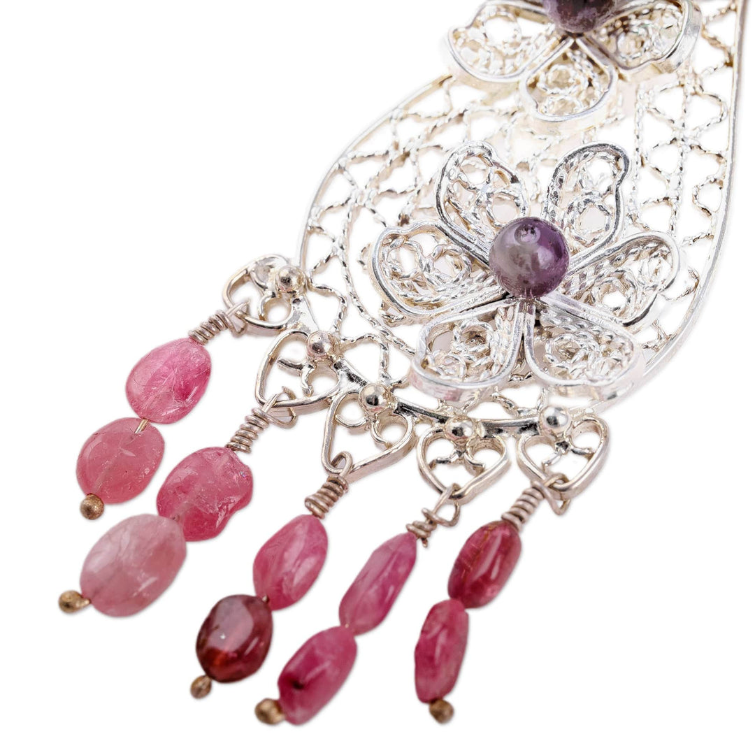 Amethyst and Tourmaline Floral Filigree Pendant Necklace - Elysium Creativity