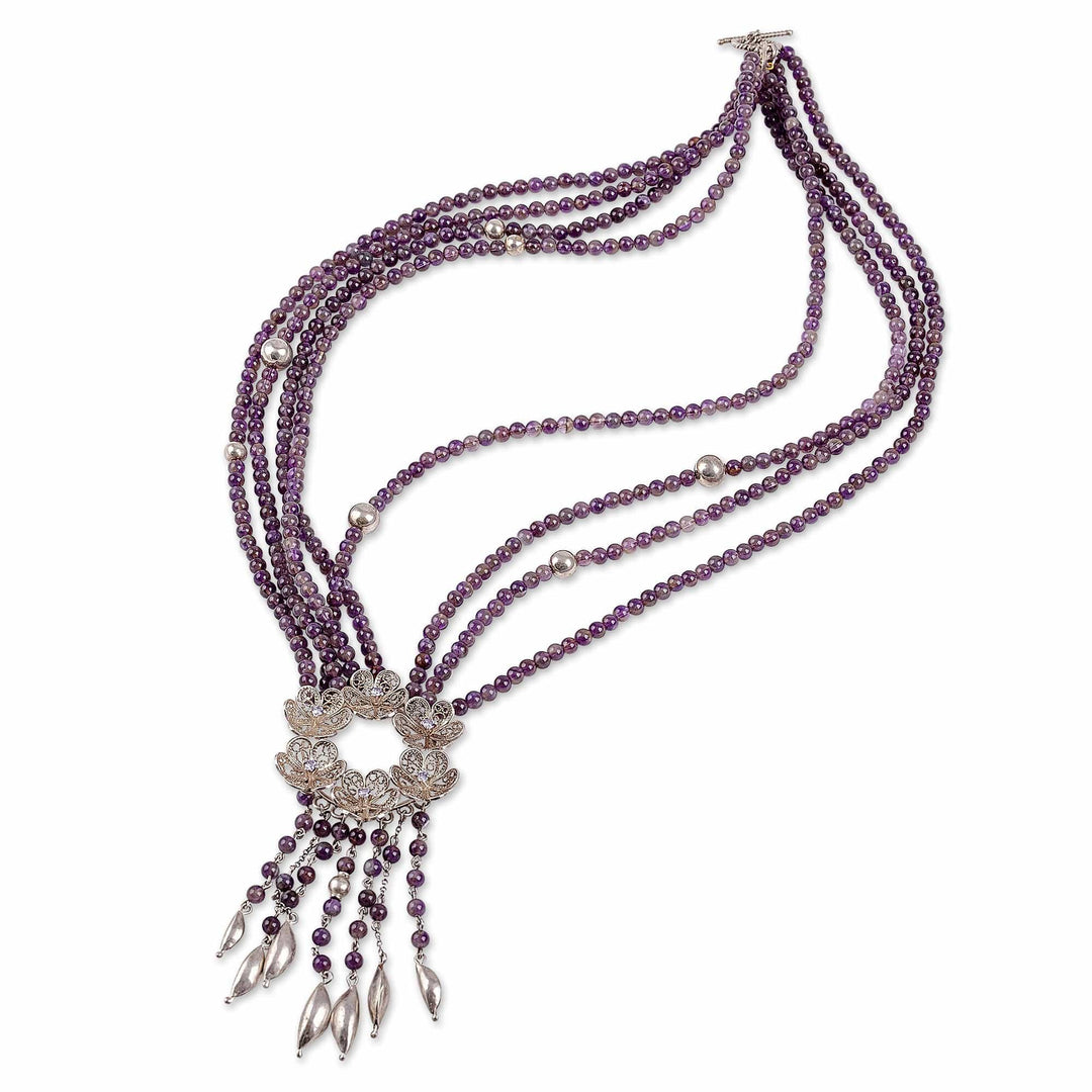 Floral Natural Amethyst Beaded Strand Waterfall Necklace - Sage's Flower