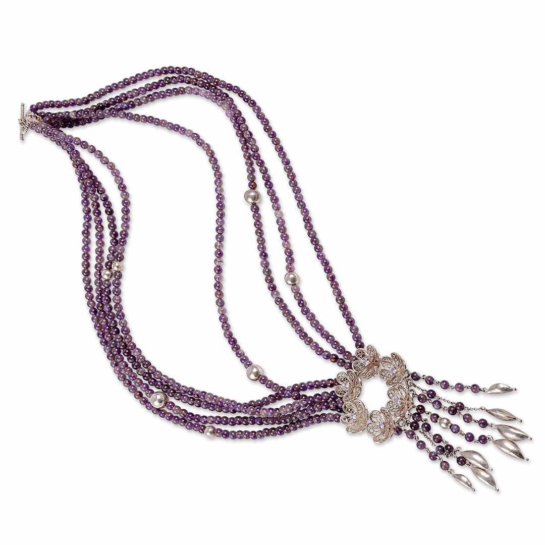 Floral Natural Amethyst Beaded Strand Waterfall Necklace - Sage's Flower