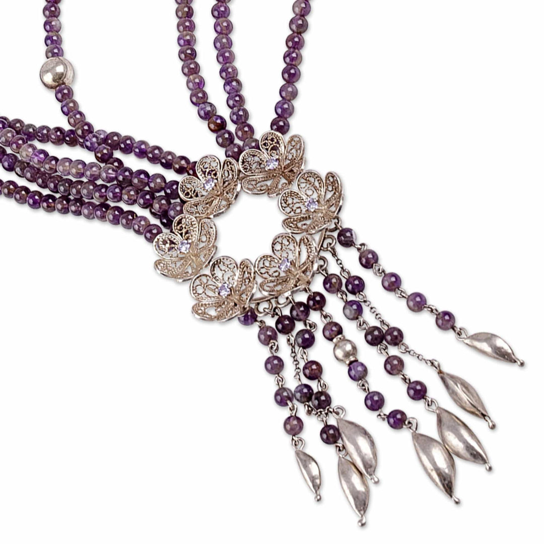 Floral Natural Amethyst Beaded Strand Waterfall Necklace - Sage's Flower