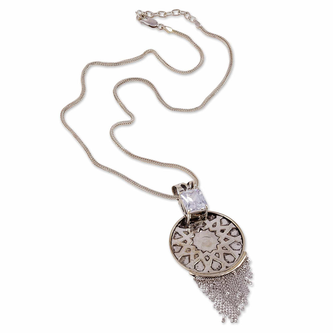 Sun-Themed Clear Crystal Sterling Silver Waterfall Necklace - Celestial Sun