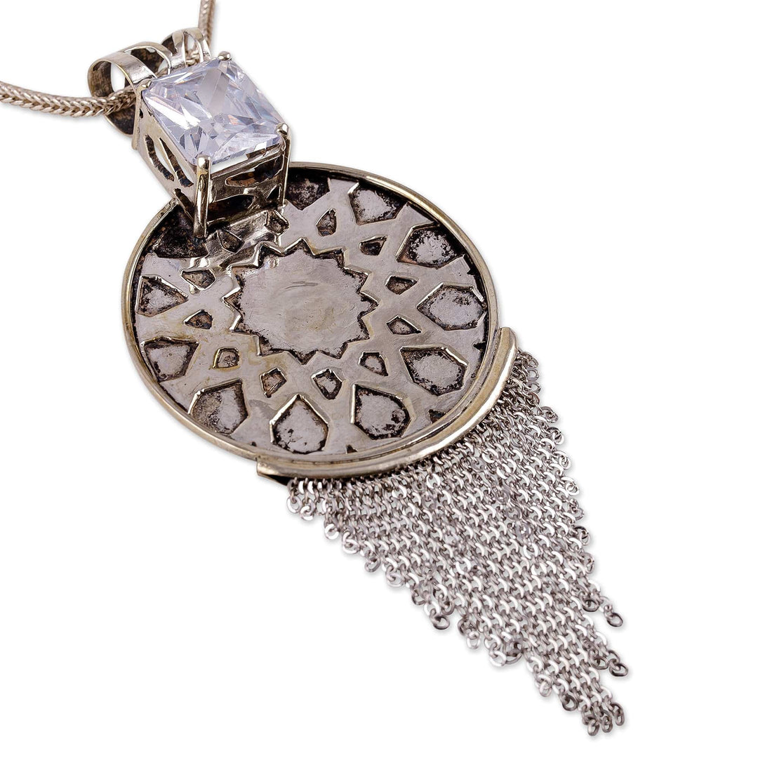 Sun-Themed Clear Crystal Sterling Silver Waterfall Necklace - Celestial Sun