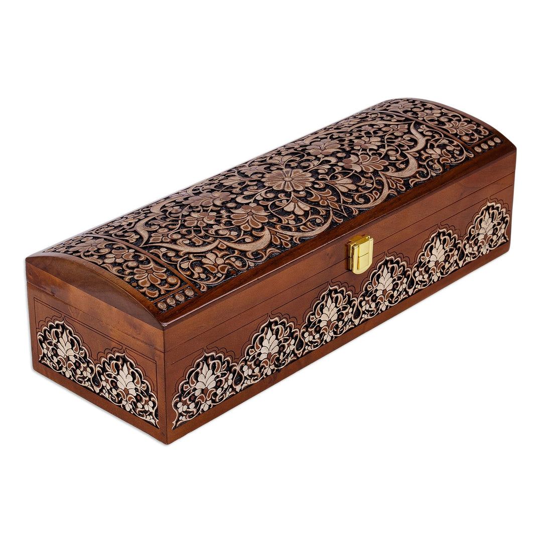Hand-Carved Floral Walnut Wood Jewelry Box from Uzbekistan - Box of Miracles