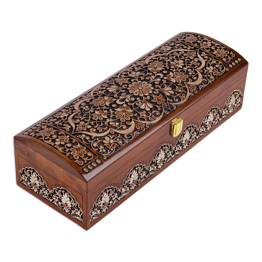 Hand-Carved Floral Walnut Wood Jewelry Box from Uzbekistan - Box of Miracles