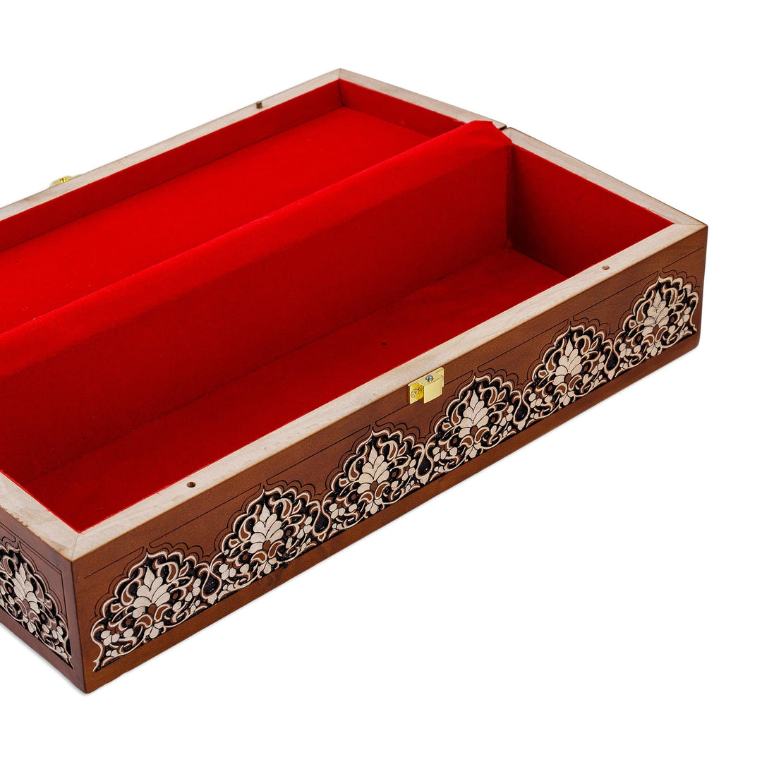 Hand-Carved Floral Walnut Wood Jewelry Box from Uzbekistan - Box of Miracles