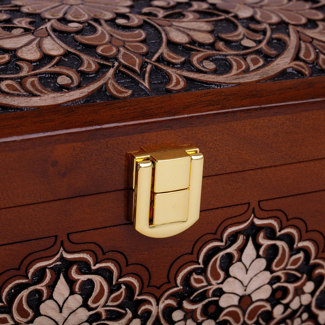 Hand-Carved Floral Walnut Wood Jewelry Box from Uzbekistan - Box of Miracles