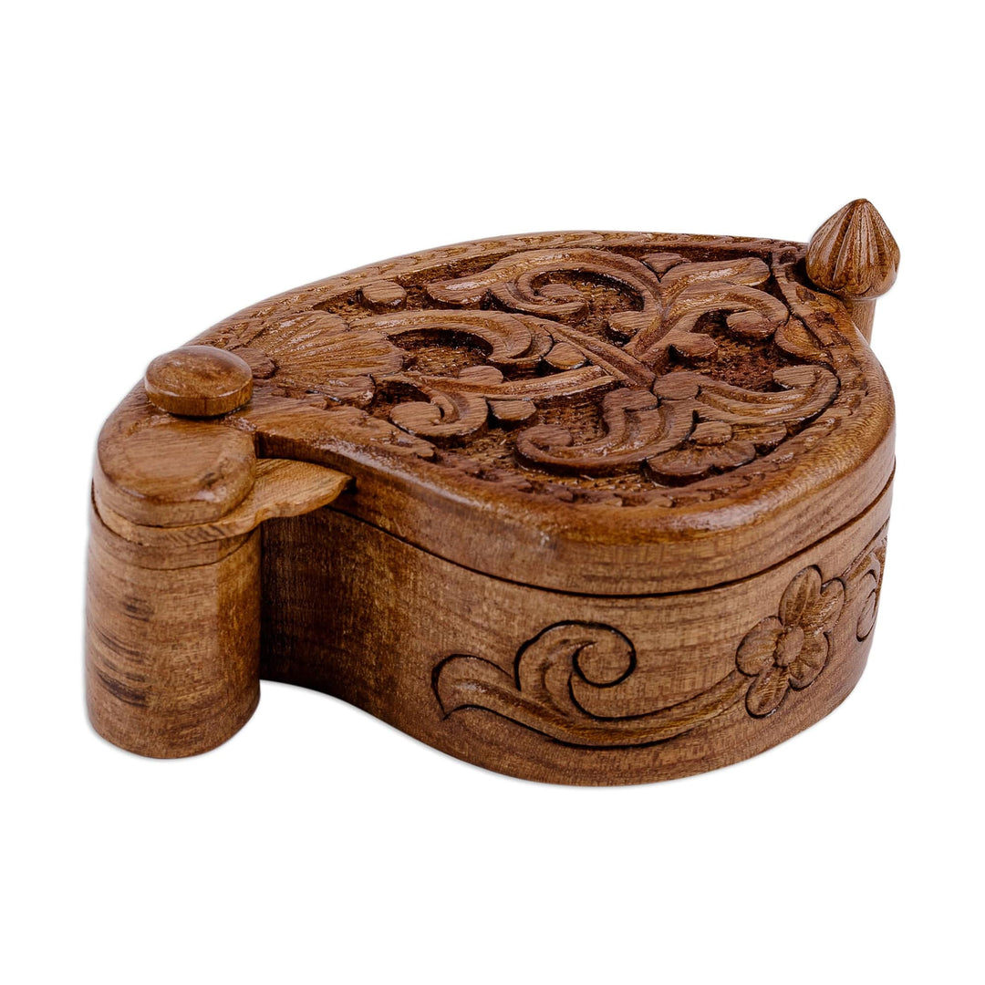 Hand-Carved Floral and Leafy Elm Tree Wood Puzzle Box - Ancient World Treasure
