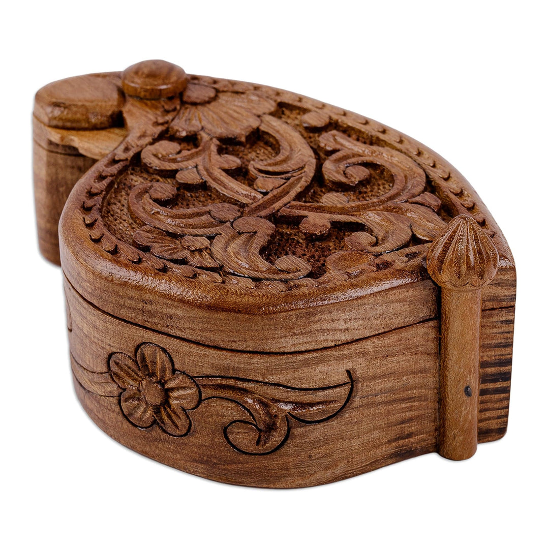Hand-Carved Floral and Leafy Elm Tree Wood Puzzle Box - Ancient World Treasure