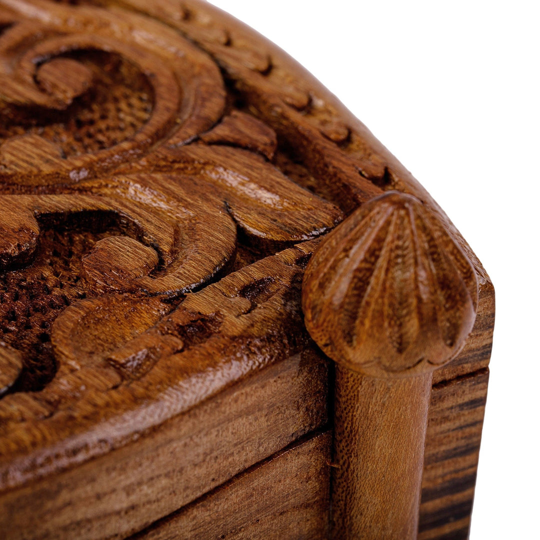 Hand-Carved Floral and Leafy Elm Tree Wood Puzzle Box - Ancient World Treasure