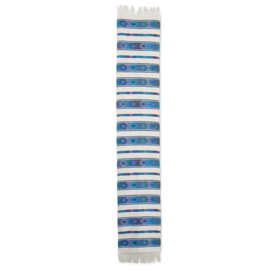 Handloomed Blue and Ivory Cotton Table Runner with Fringes - Celestial Banquet