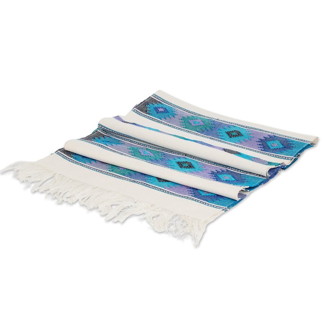 Handloomed Blue and Ivory Cotton Table Runner with Fringes - Celestial Banquet