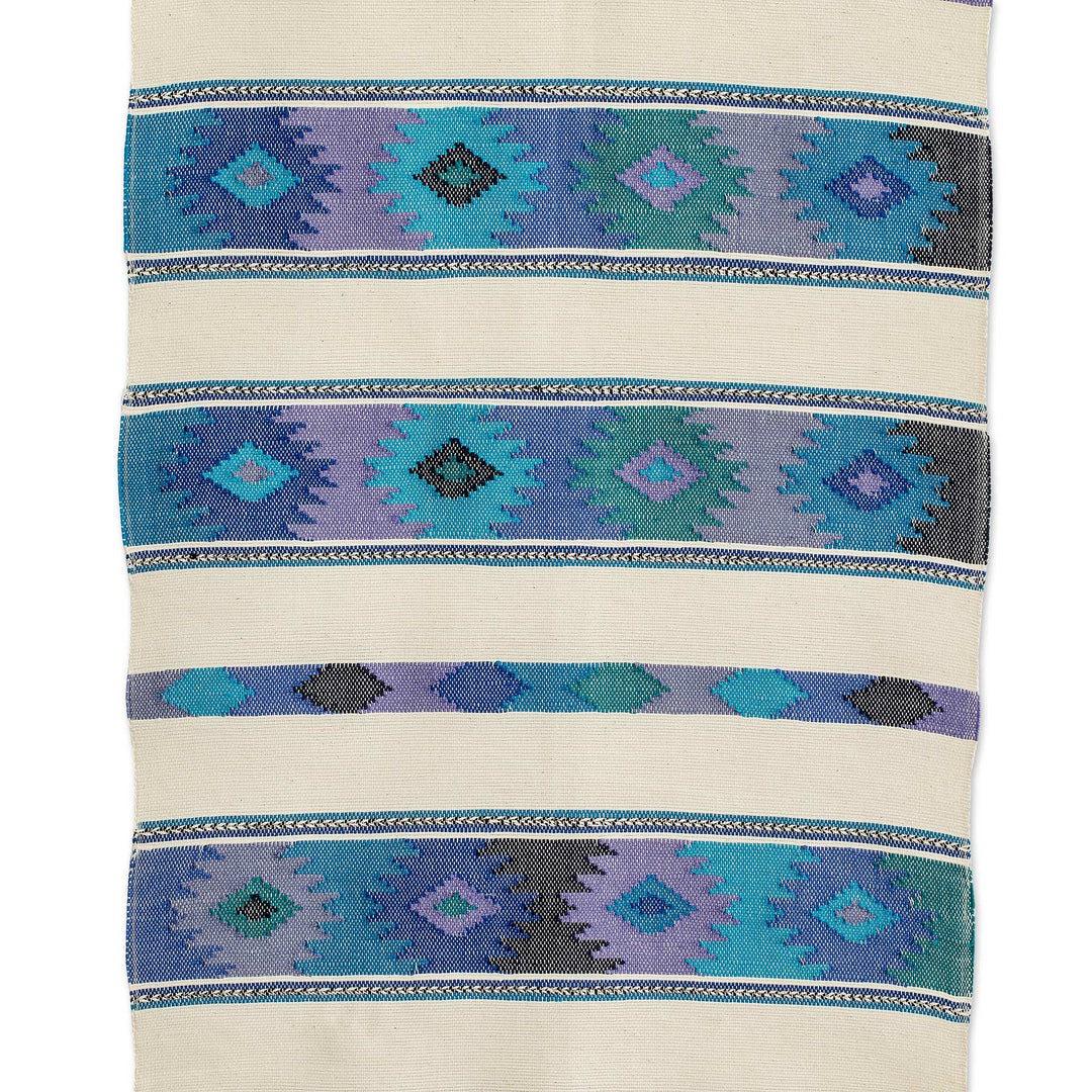 Handloomed Blue and Ivory Cotton Table Runner with Fringes - Celestial Banquet