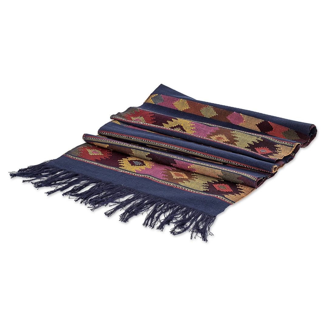 Handloomed Navy Blue Cotton Table Runner with Fringes - Nocturnal Banquet