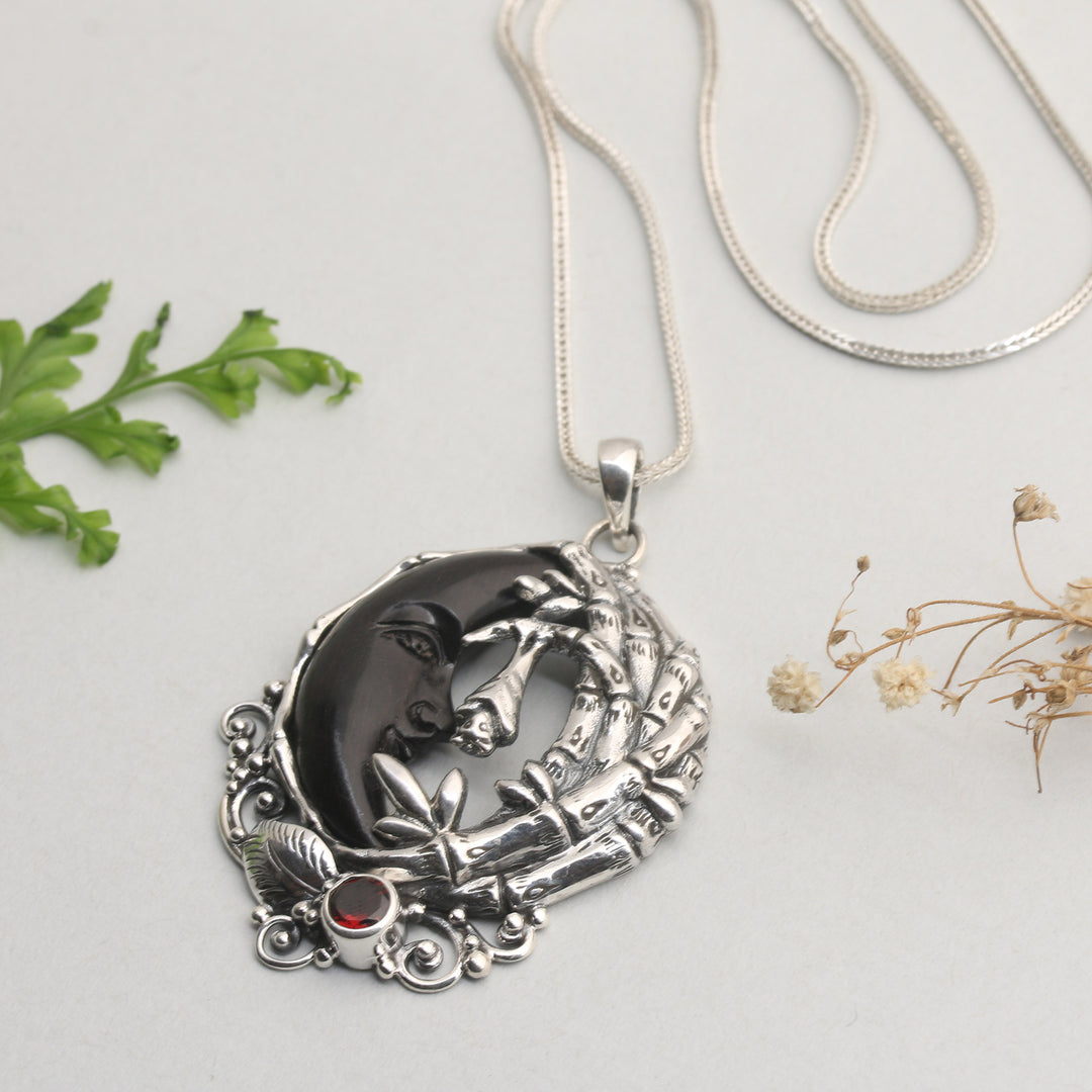 Moon and Nature-Themed Natural Garnet Pendant Necklace - The Night of Lovers
