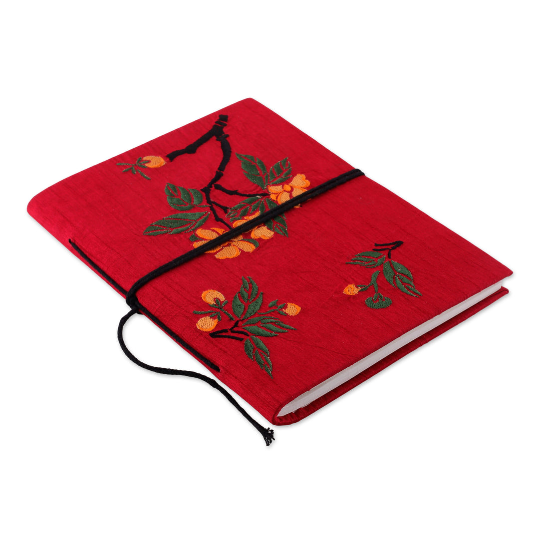 Indian Handmade Floral Rayon-Embroidered Journal in Red Hues - Romantic Sonata