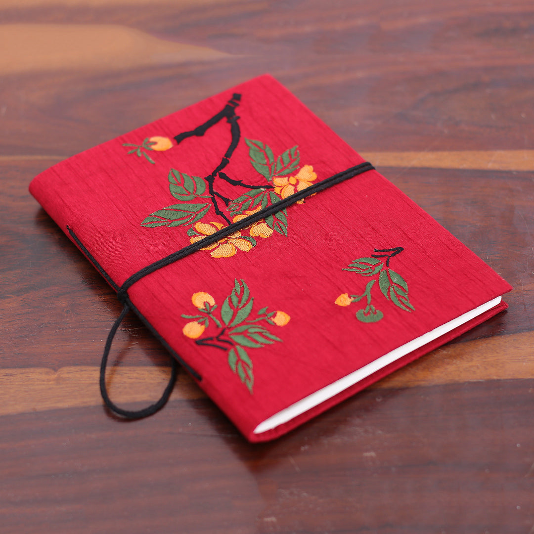 Indian Handmade Floral Rayon-Embroidered Journal in Red Hues - Romantic Sonata