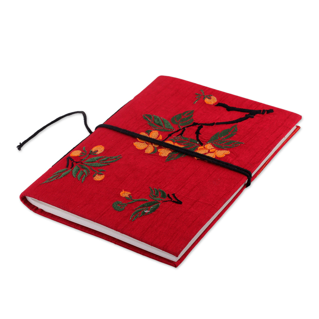 Indian Handmade Floral Rayon-Embroidered Journal in Red Hues - Romantic Sonata