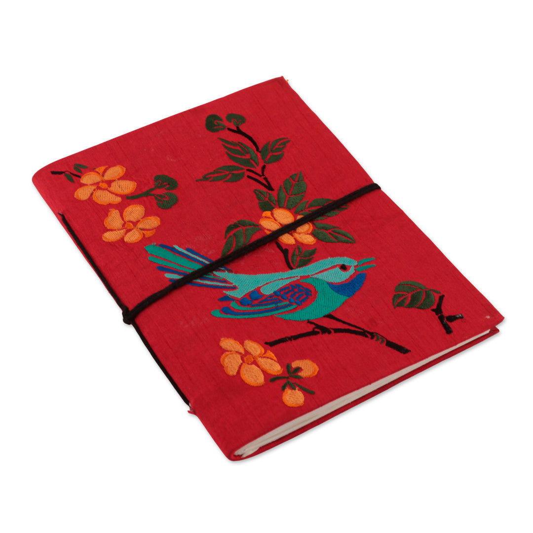 Indian Handmade Floral Rayon-Embroidered Journal in Red Hues - Romantic Sonata