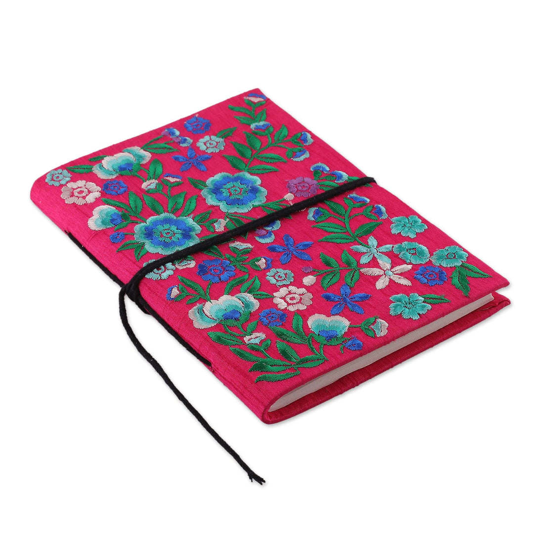 Floral Green and Cerise Rayon-Embroidered Handmade Journal - Cerise of Blossoms