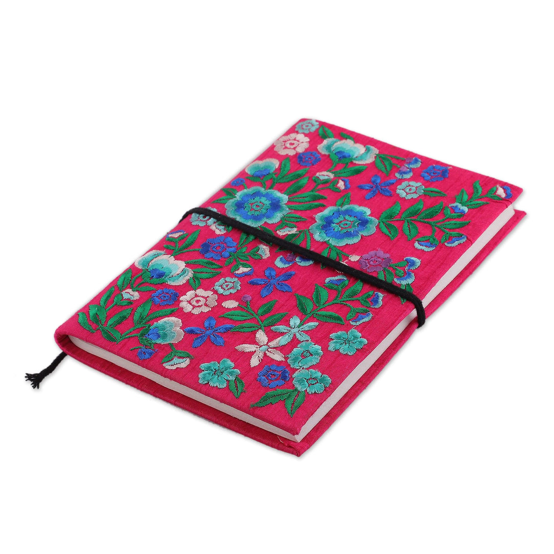 Floral Green and Cerise Rayon-Embroidered Handmade Journal - Cerise of Blossoms