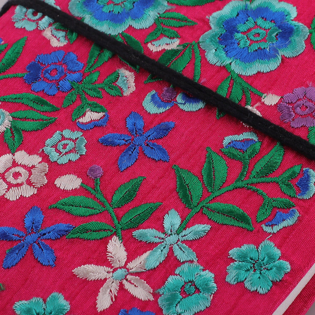 Floral Green and Cerise Rayon-Embroidered Handmade Journal - Cerise of Blossoms