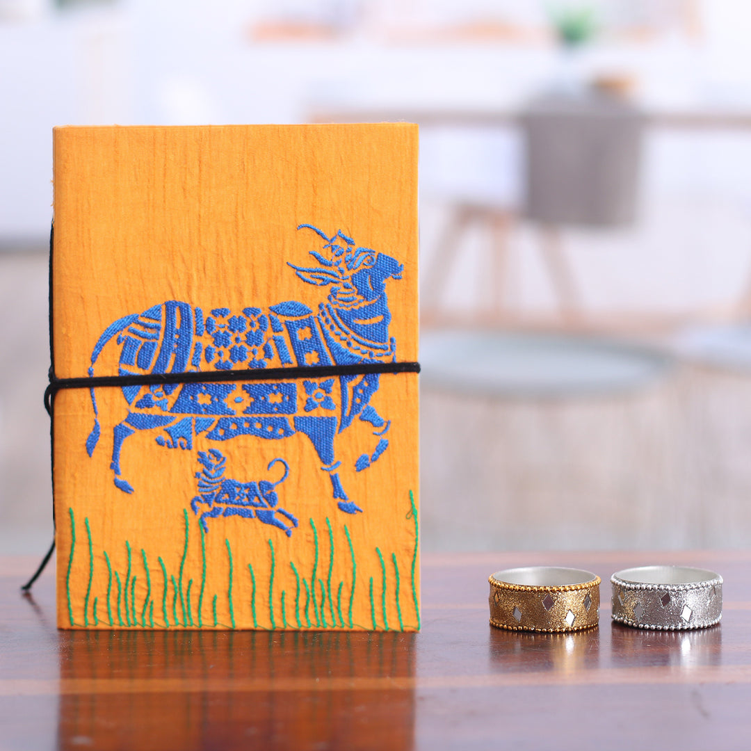 Traditional Kamadhenu Marigold Rayon-Embroidered Journal - Kamadhenu in Marigold