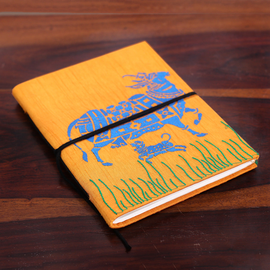 Traditional Kamadhenu Marigold Rayon-Embroidered Journal - Kamadhenu in Marigold