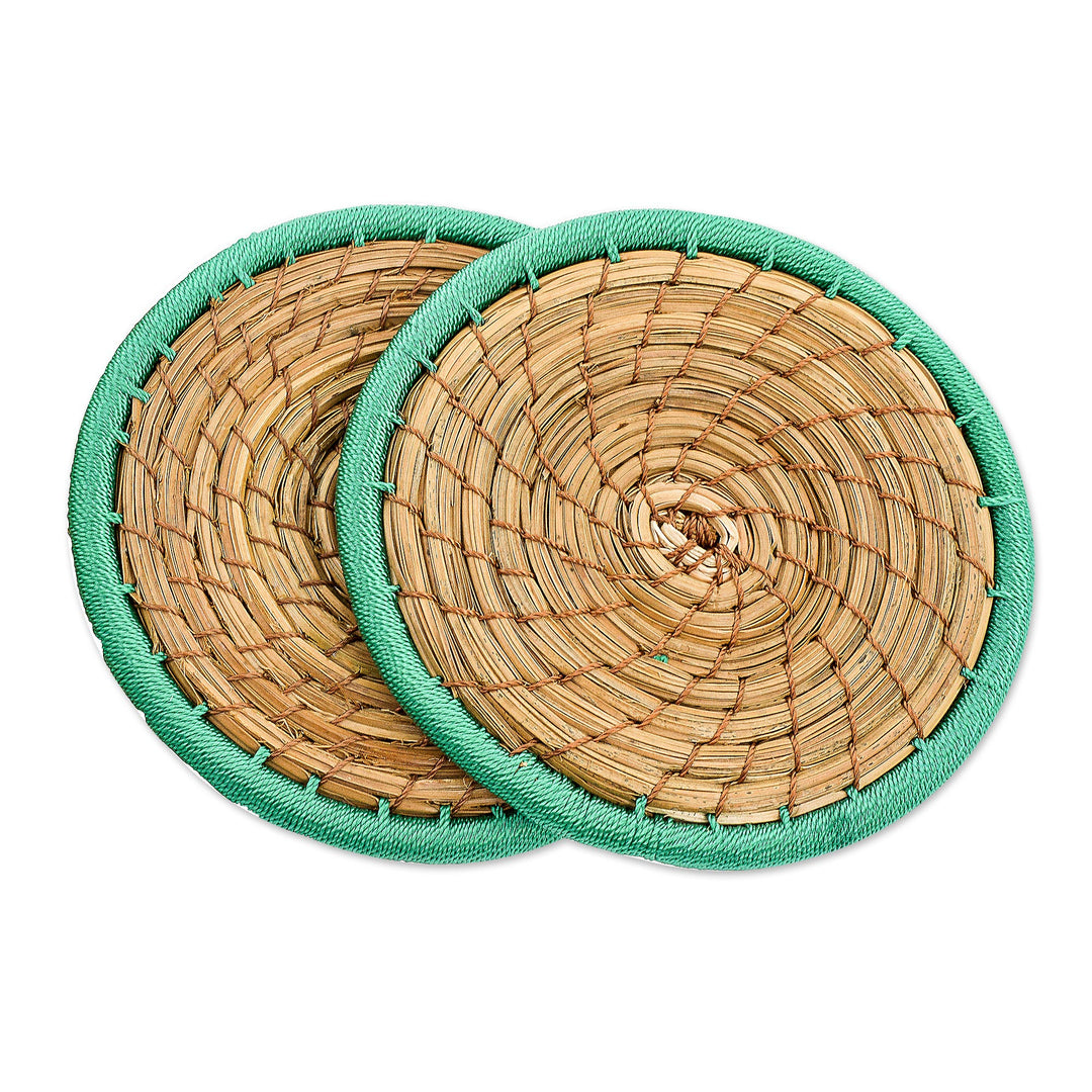Handcrafted Pine Needle and Polyester Green Coasters (Pair) - Latin Toast in Green