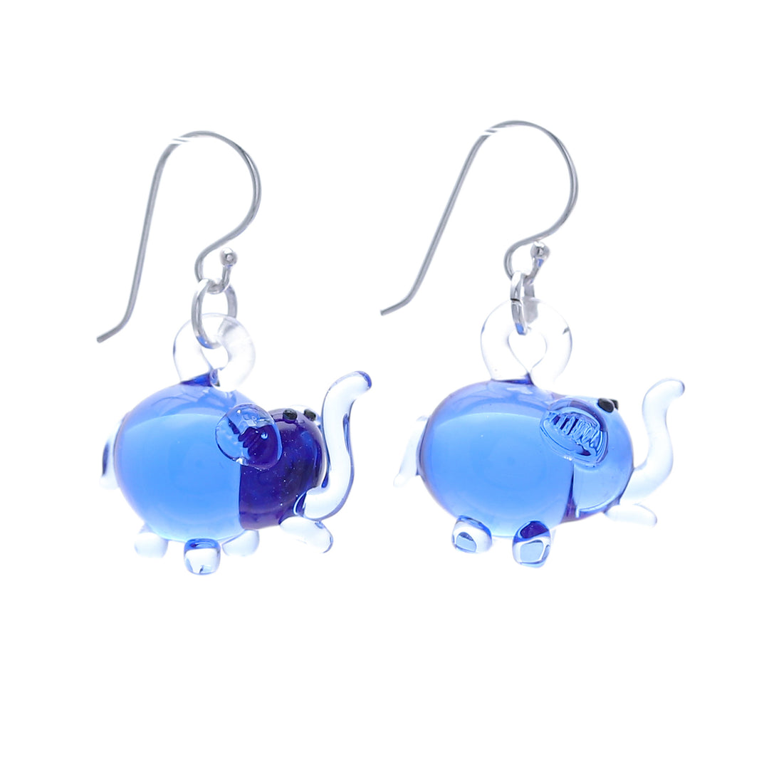 Elephant-Shaped Handblown Glass Dangle Earrings in Blue - Blue Elephant Glam