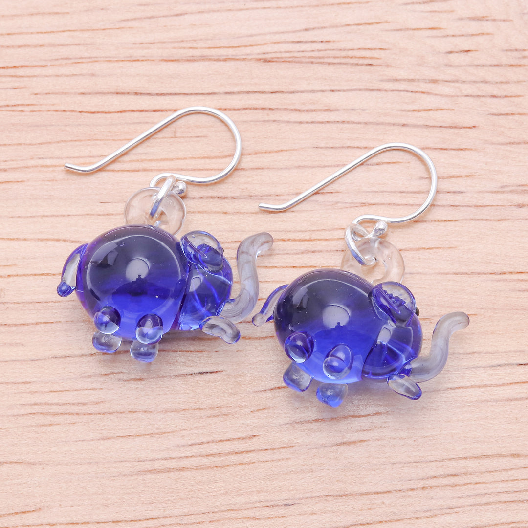 Elephant-Shaped Handblown Glass Dangle Earrings in Blue - Blue Elephant Glam