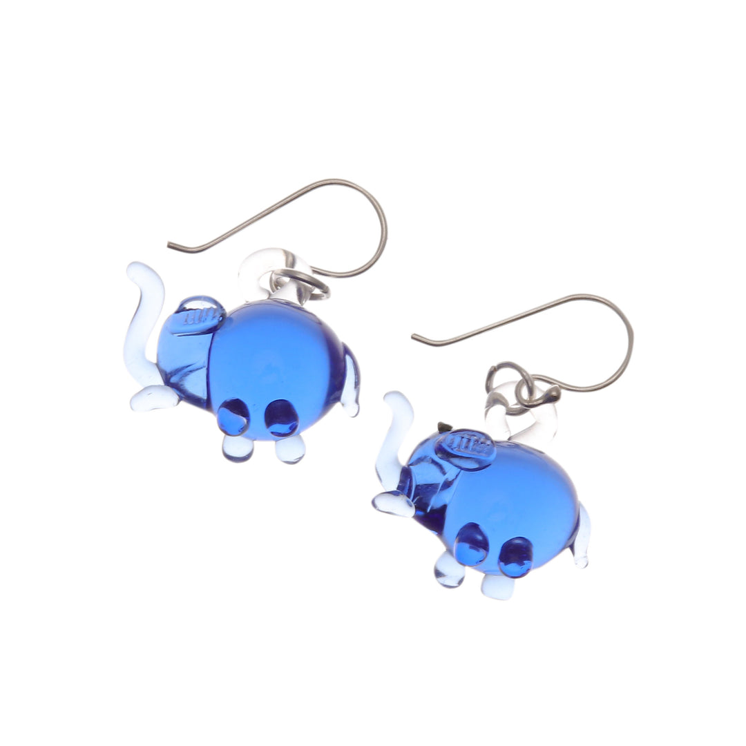 Elephant-Shaped Handblown Glass Dangle Earrings in Blue - Blue Elephant Glam