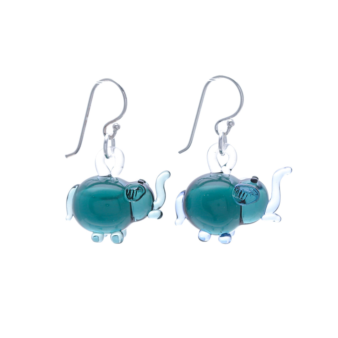 Elephant-Shaped Handblown Glass Dangle Earrings in Teal - Teal Elephant Glam