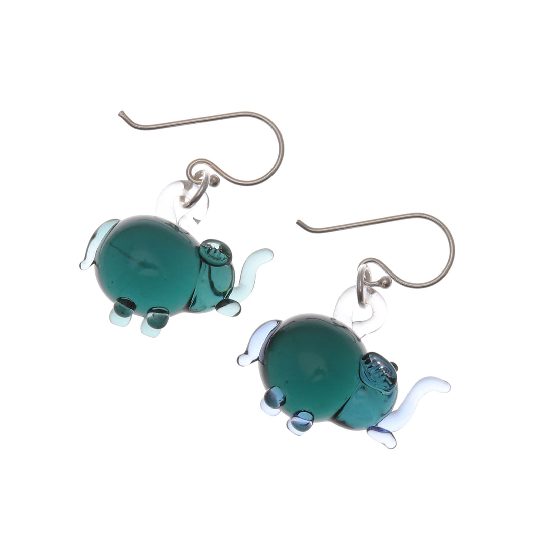 Elephant-Shaped Handblown Glass Dangle Earrings in Teal - Teal Elephant Glam