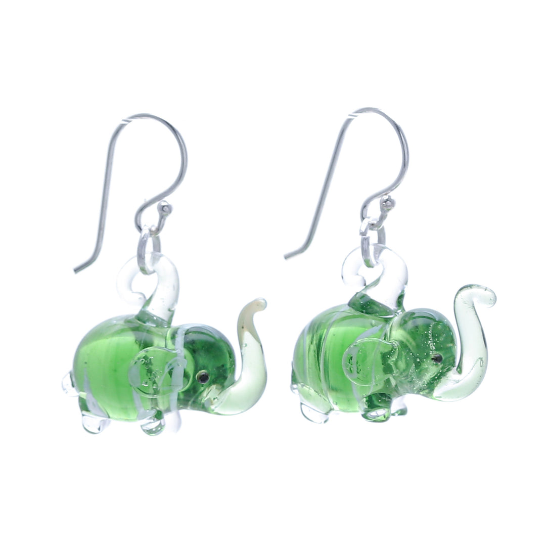 Handblown Striped Green Glass Elephant Dangle Earrings - Elephant Vitality