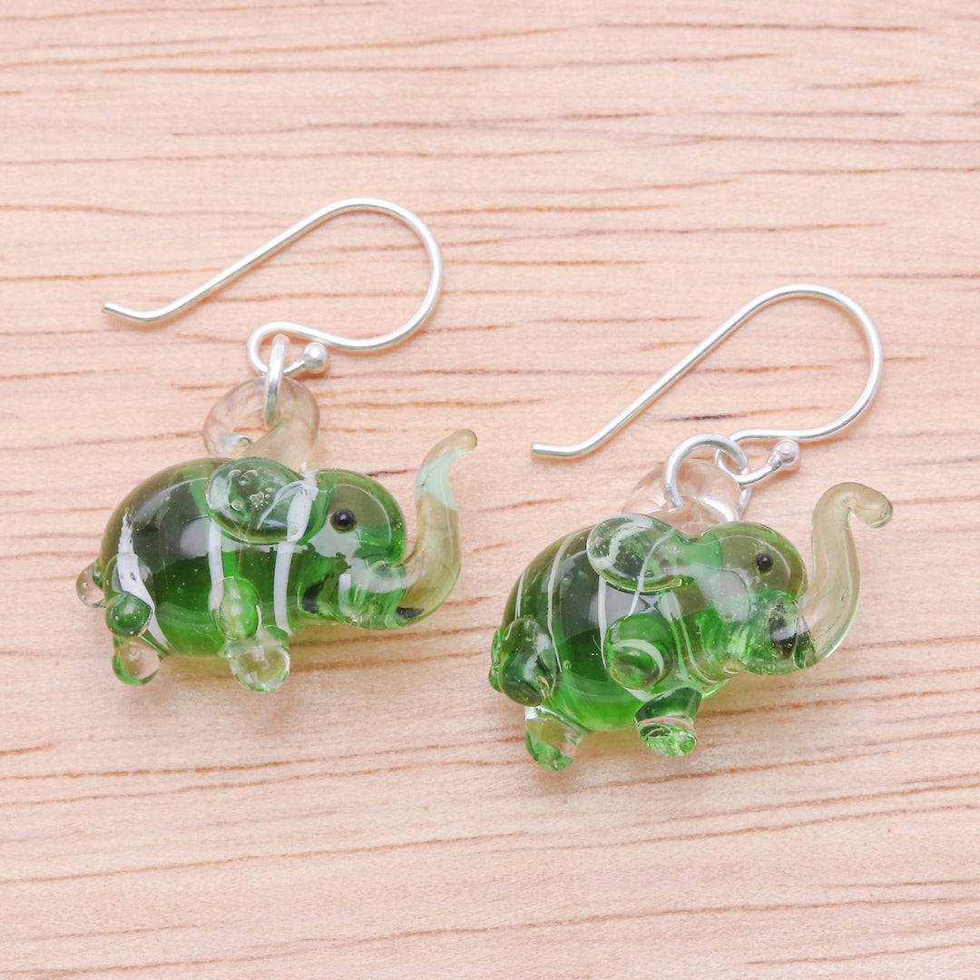 Handblown Striped Green Glass Elephant Dangle Earrings - Elephant Vitality