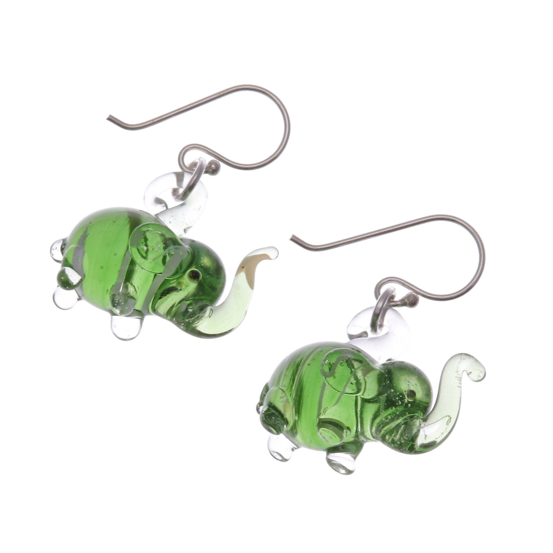 Handblown Striped Green Glass Elephant Dangle Earrings - Elephant Vitality