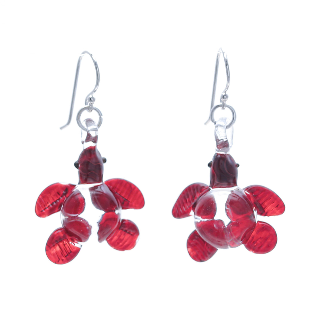 Handblown Red Glass Turtle Dangle Earrings from Thailand - Turtle Passion