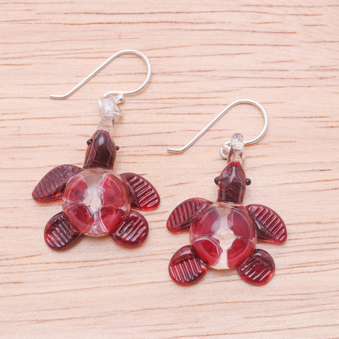 Handblown Red Glass Turtle Dangle Earrings from Thailand - Turtle Passion