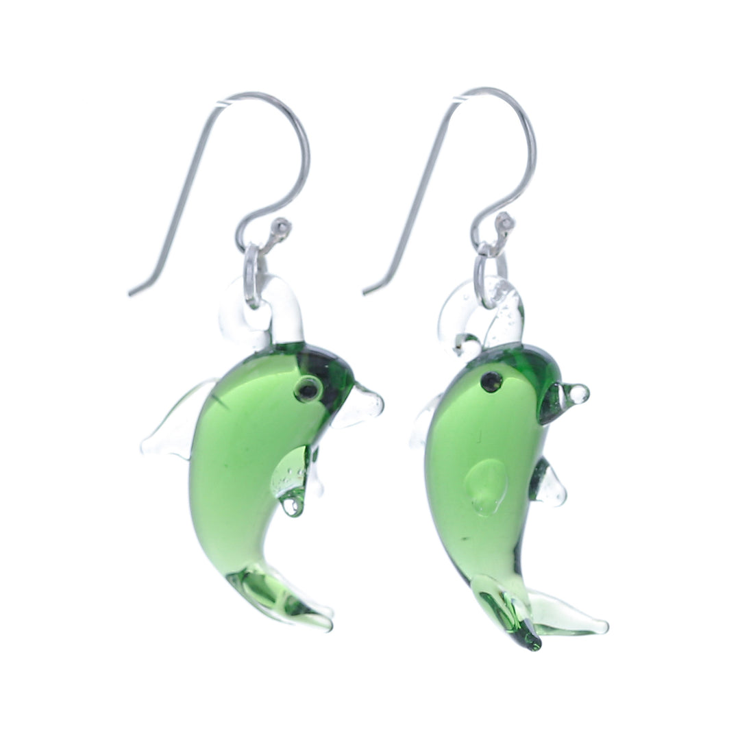 Handblown Dolphin-Shaped Glass Dangle Earrings in Green - Dolphin Vitality