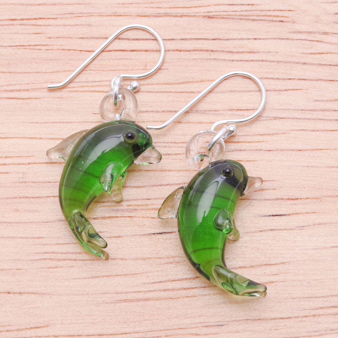 Handblown Dolphin-Shaped Glass Dangle Earrings in Green - Dolphin Vitality
