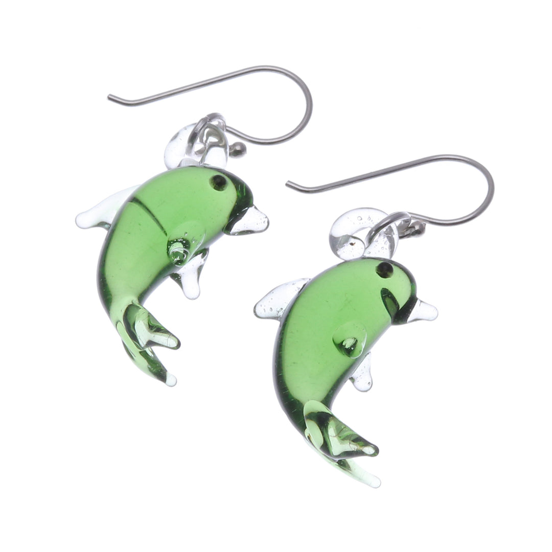 Handblown Dolphin-Shaped Glass Dangle Earrings in Green - Dolphin Vitality