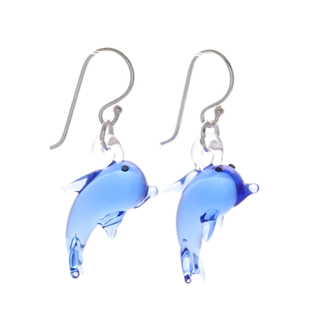 Handblown Dolphin-Shaped Glass Dangle Earrings in Blue - Dolphin Magic