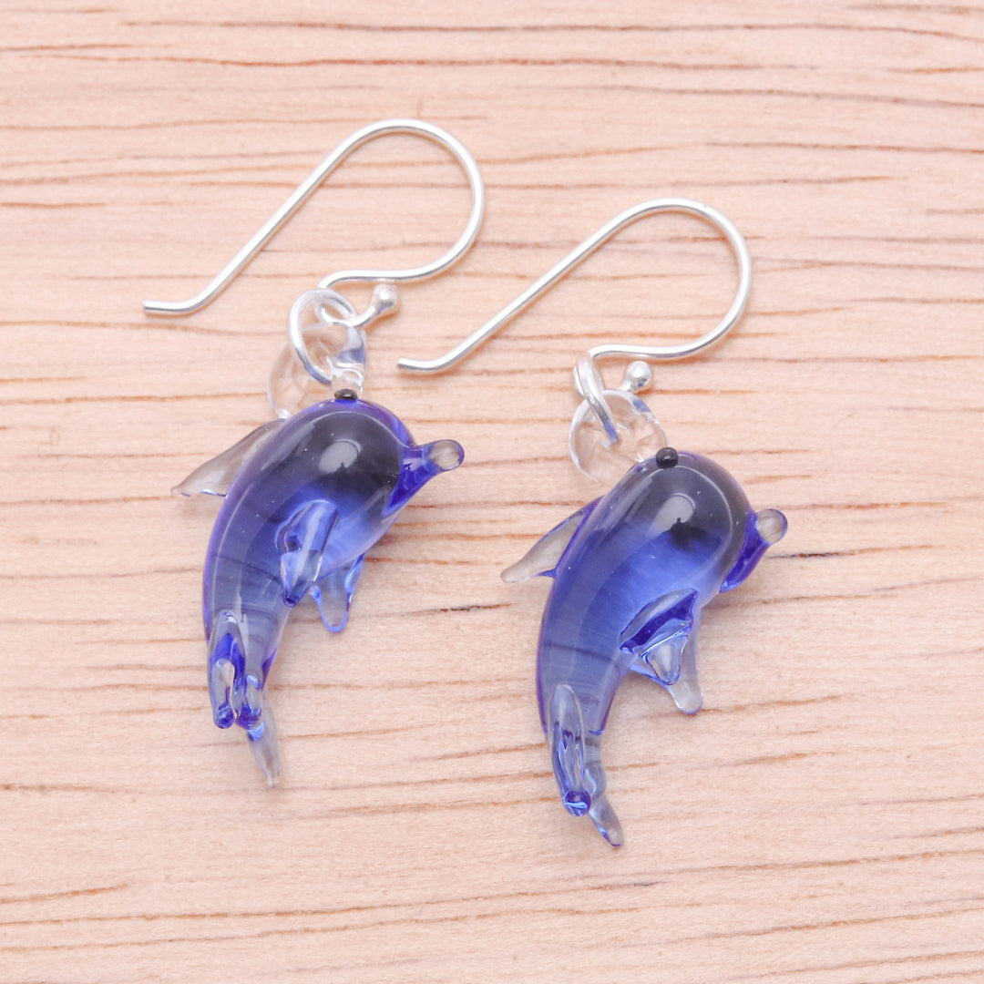 Handblown Dolphin-Shaped Glass Dangle Earrings in Blue - Dolphin Magic