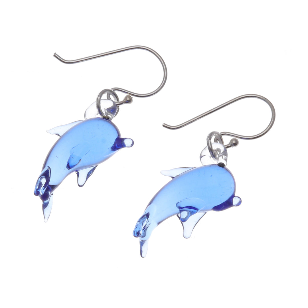 Handblown Dolphin-Shaped Glass Dangle Earrings in Blue - Dolphin Magic