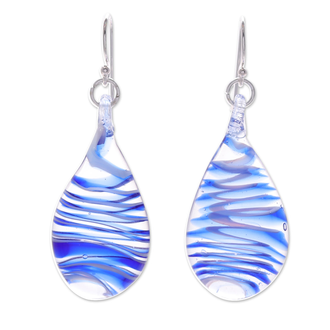 Handblown Glass Dangle Earrings with Azure Spirals - Azure Ovate Leaf