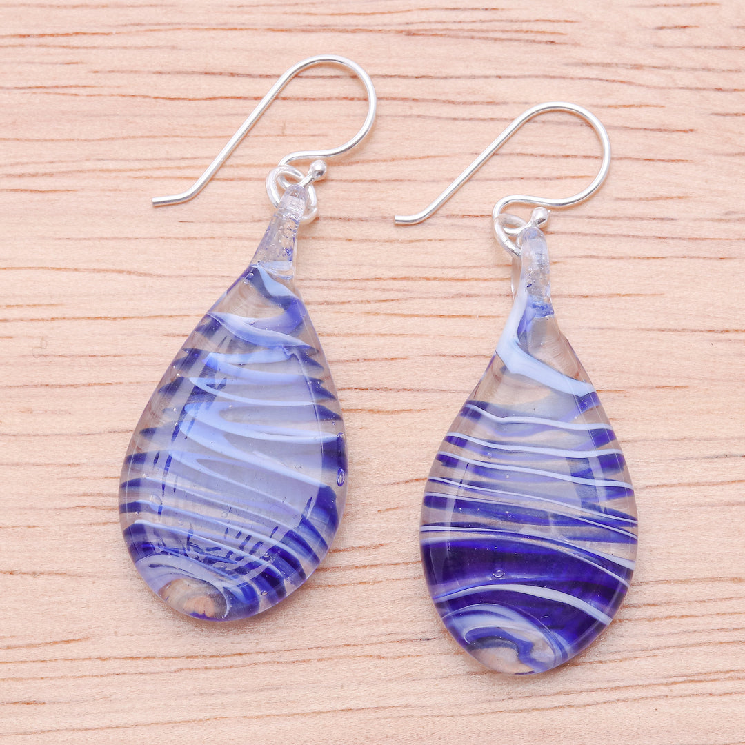 Handblown Glass Dangle Earrings with Azure Spirals - Azure Ovate Leaf