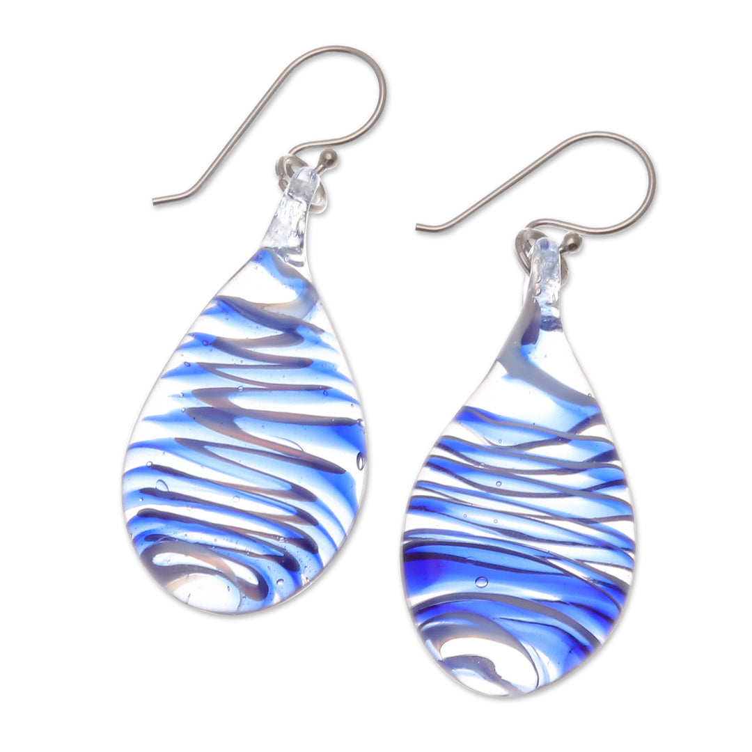 Handblown Glass Dangle Earrings with Azure Spirals - Azure Ovate Leaf