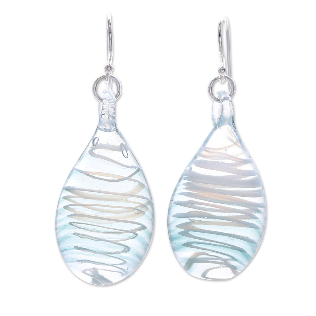 Handblown Glass Dangle Earrings with Light Blue Spirals - Sky Blue Ovate Leaf