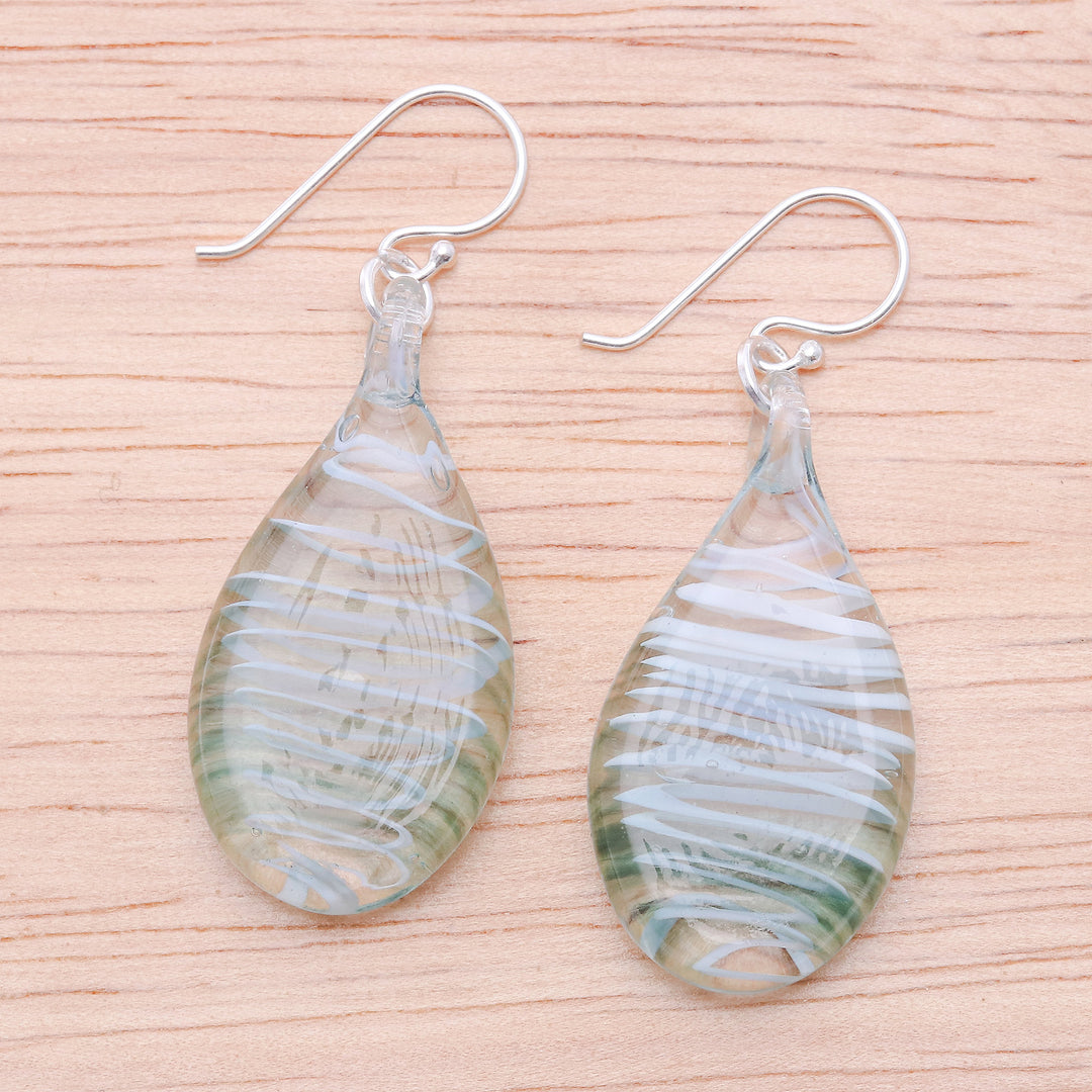 Handblown Glass Dangle Earrings with Light Blue Spirals - Sky Blue Ovate Leaf