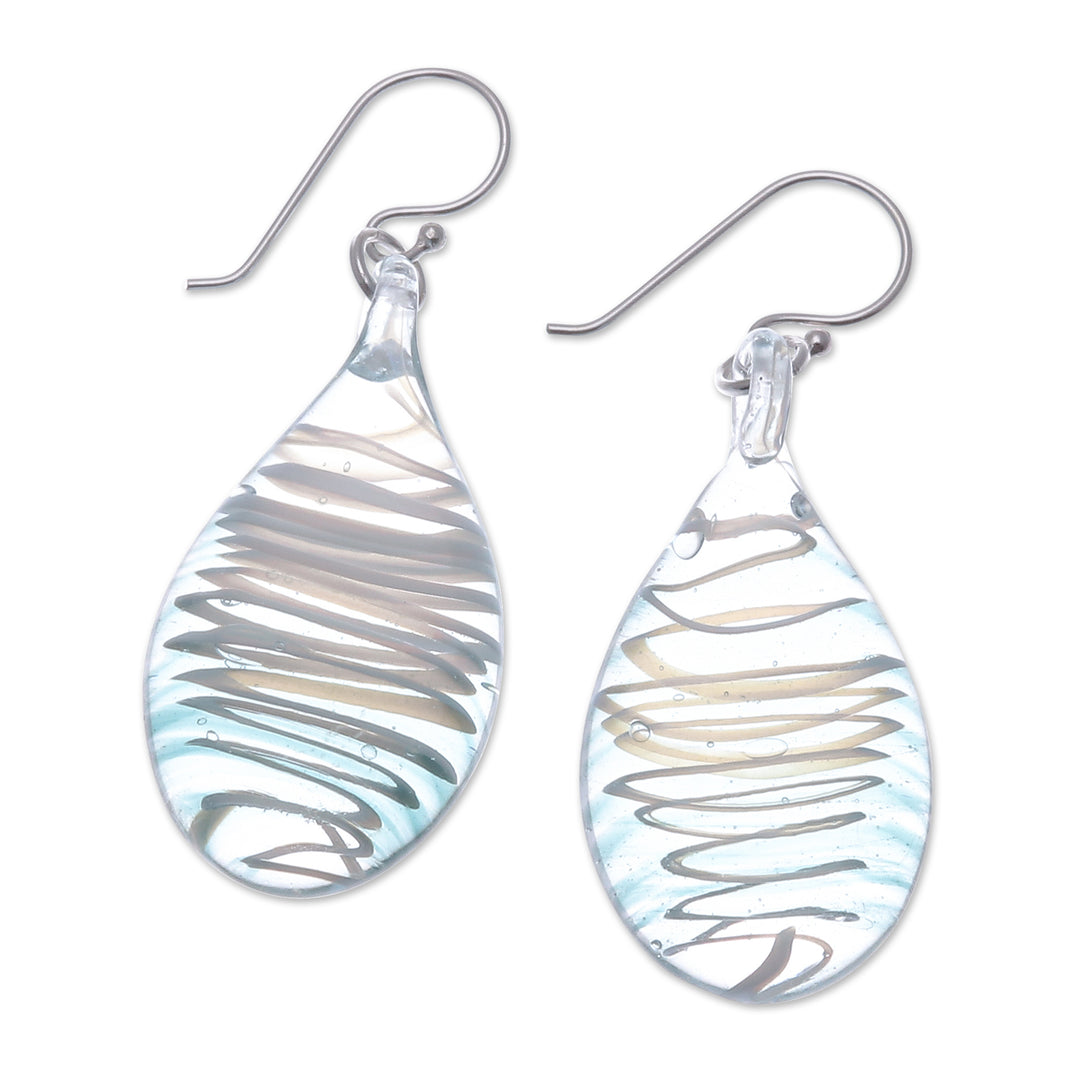 Handblown Glass Dangle Earrings with Light Blue Spirals - Sky Blue Ovate Leaf